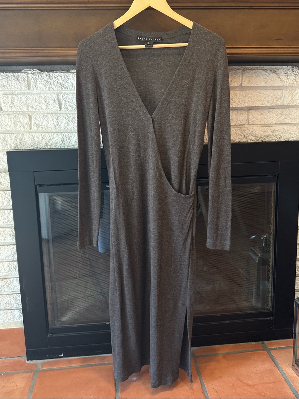 Vintage 90s Ralph Lauren Light Brown Long Sleeve Wrap Soft Maxi Sweater Dress